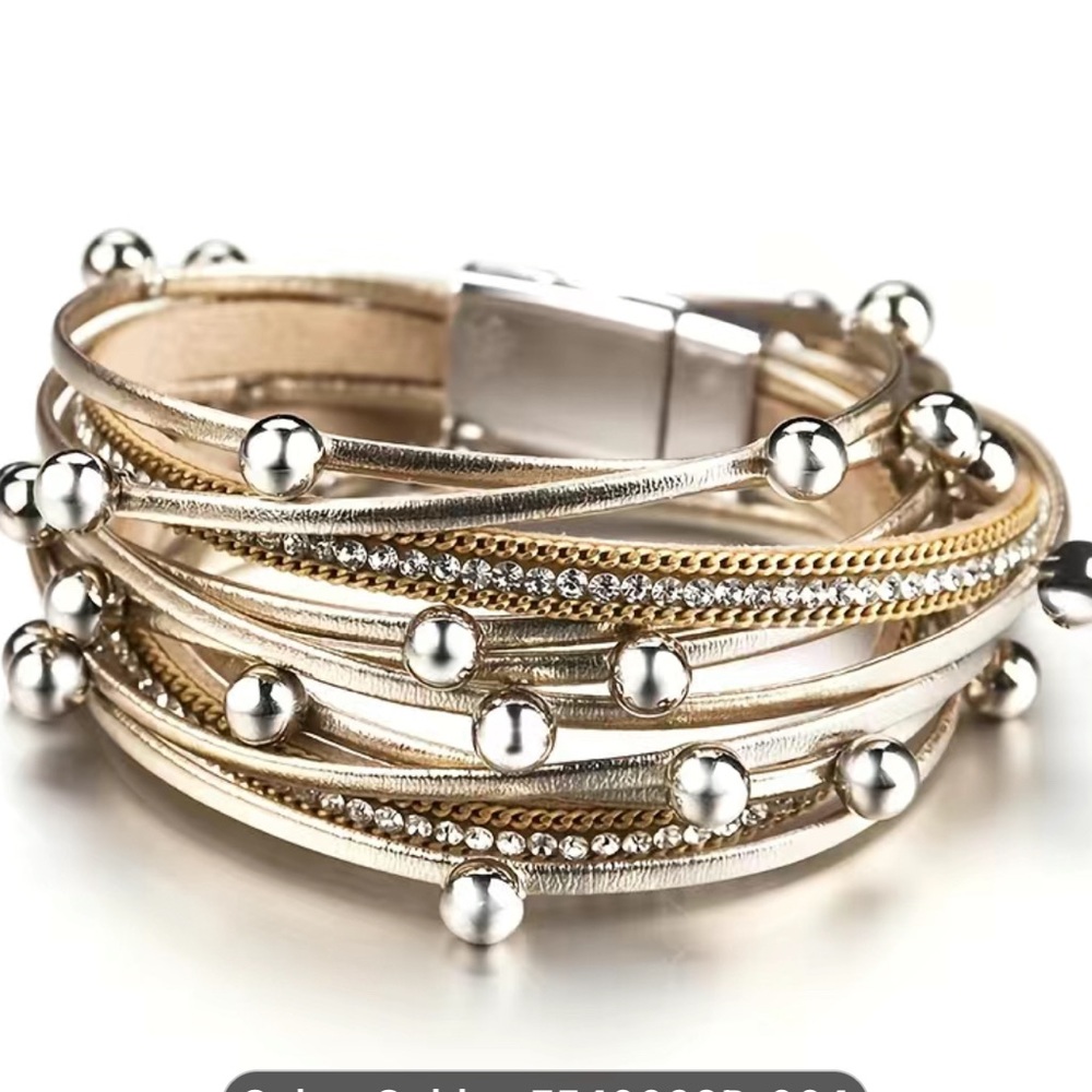 Multilayer Metal Beads Charm Leather Bracelet,Double Wrap with magnetic …